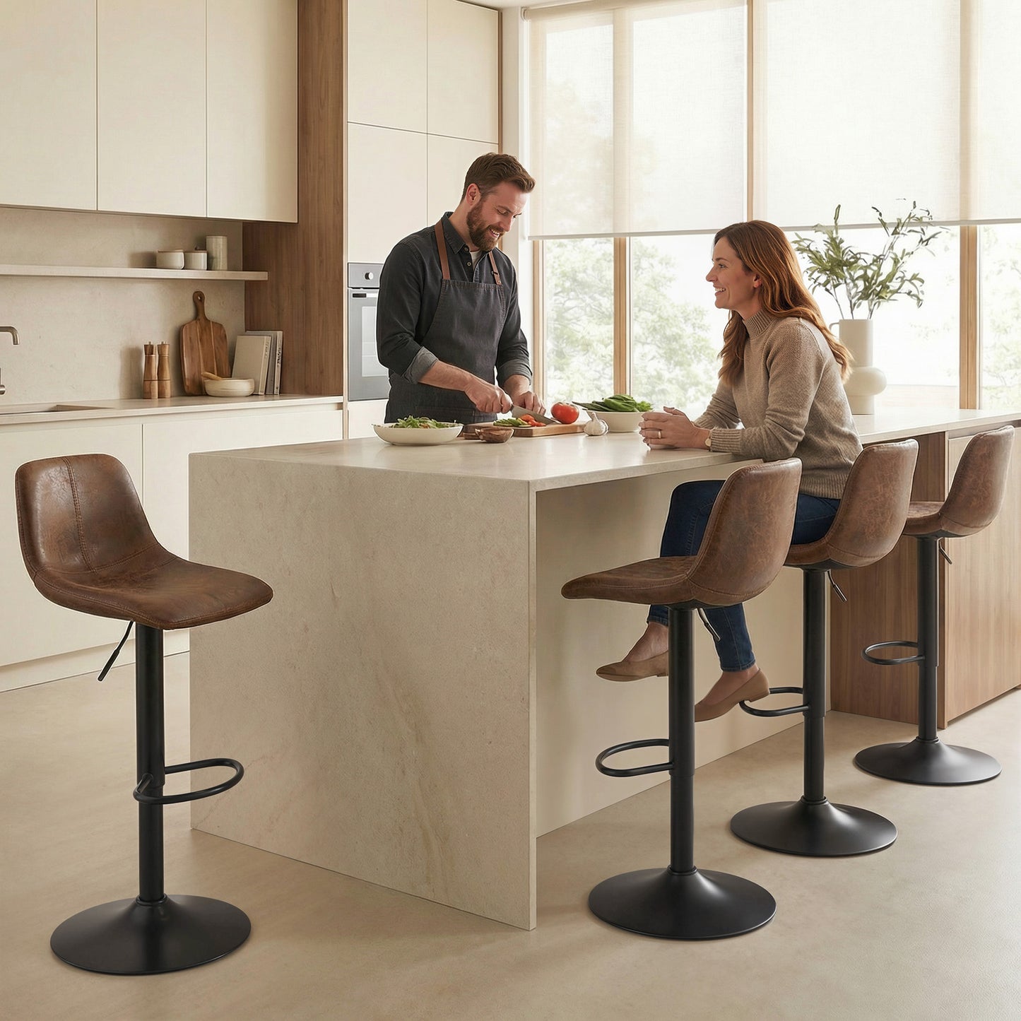 HOMCOM Barstools Set Of 2 Swivel Barstools With Footrest Adjustable 60 To 82 Cm Brown For Kitchen Island Dining Room