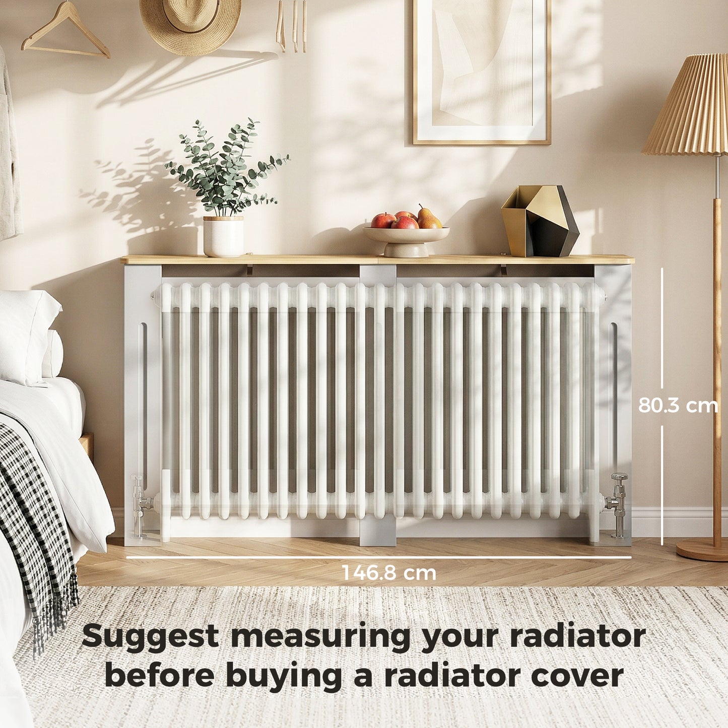 HOMCOM Slatted Radiator Cover Painted Cabinet with Line Grill Design 152L x 19W x 81H cm Grey
