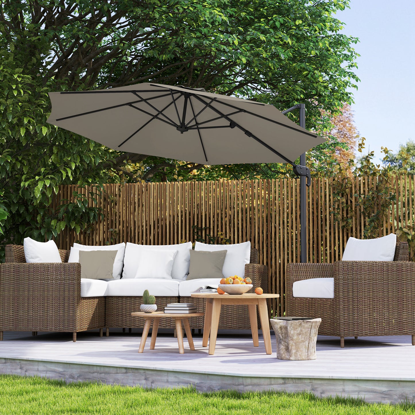 Outsunny 3m Five Angle Cantilever Parasol With Aluminium Frame And 360 Degree Rotating Canopy Light Grey