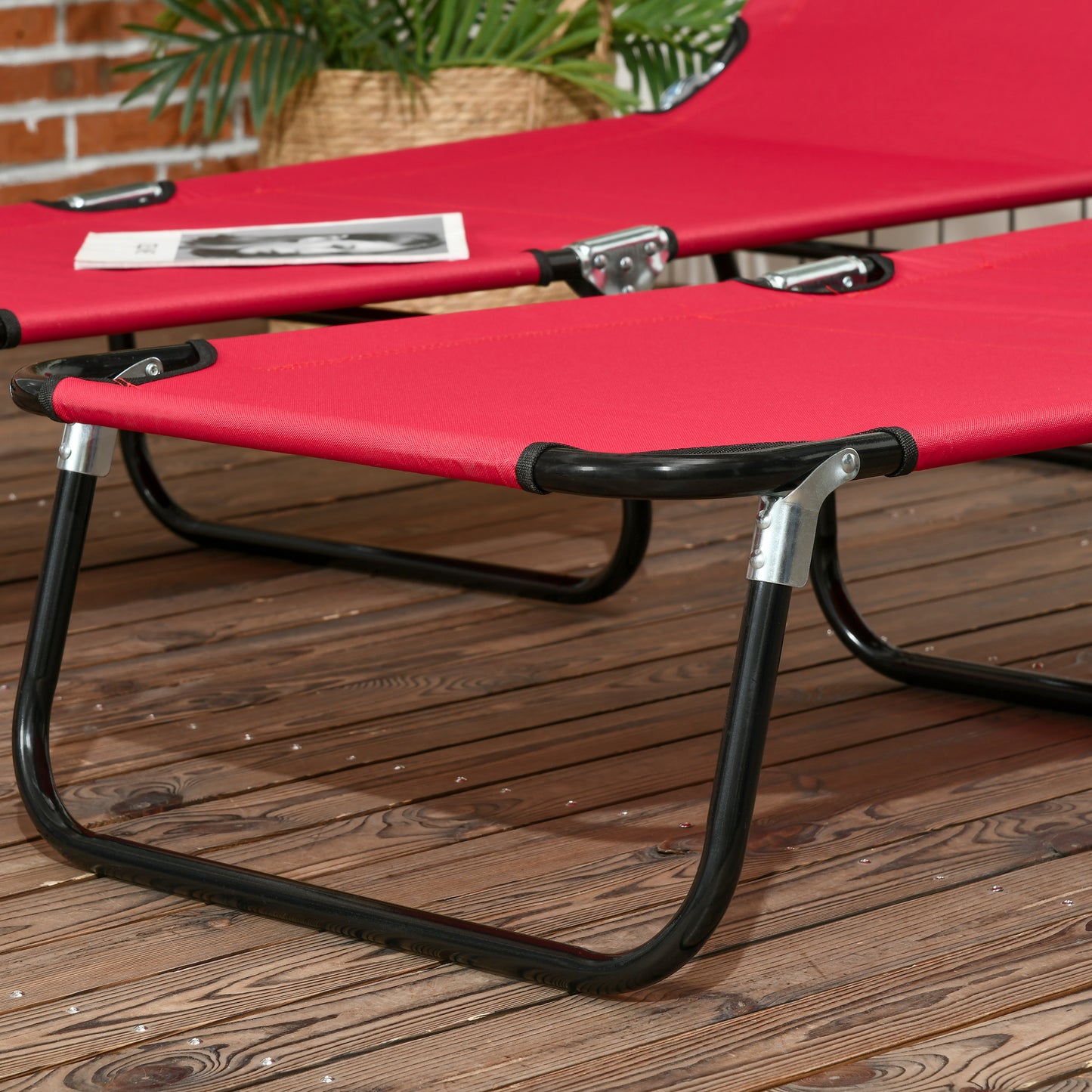 Outsunny Set Of Two Folding Sun Loungers Red With Five Position Reclining Backs And Powder Coated Steel Frames