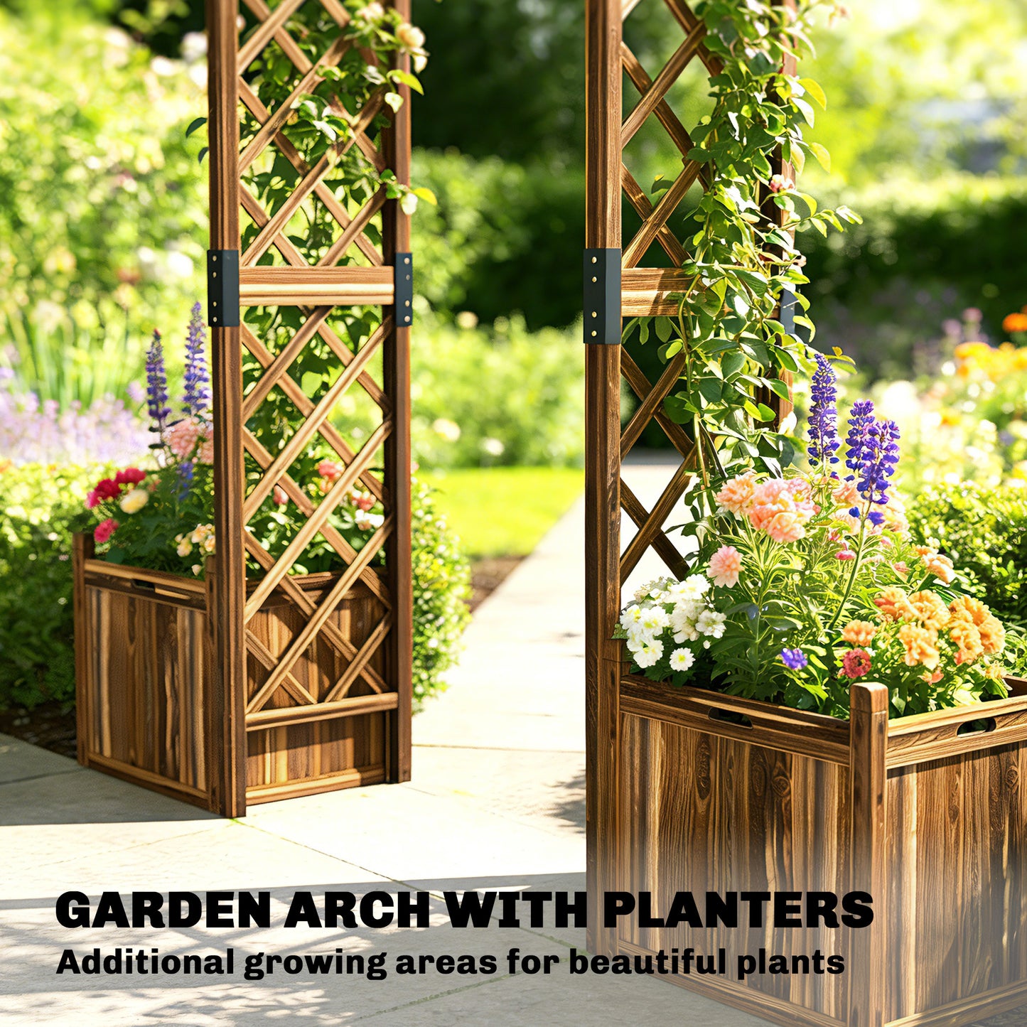Outsunny Wooden Garden Arch With Two Planter Boxes Outdoor Rose Arch Trellis For Climbing Vines Carbonised Finish