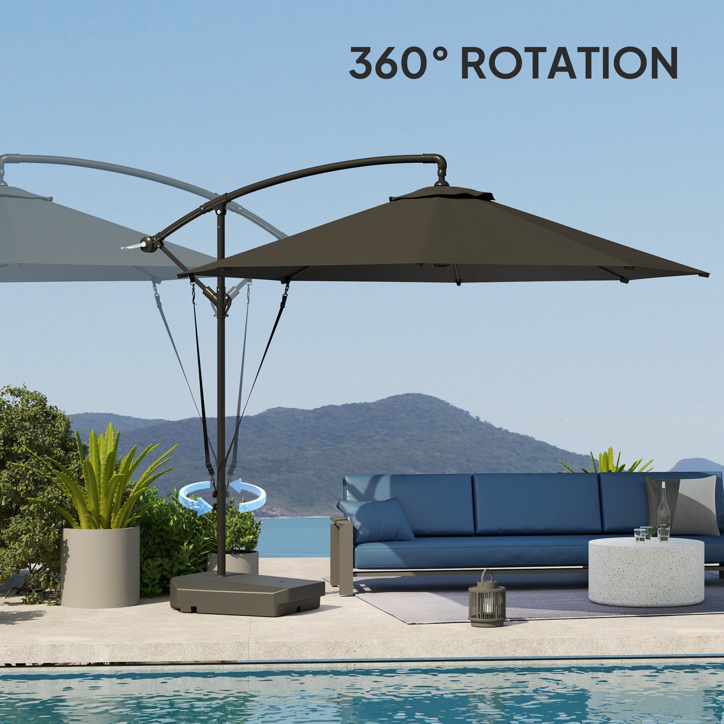 Outsunny 3M Cantilever Garden Parasol With 90kg Fillable Base Wind Straps Cover Crank Tilt UPF50 Grey