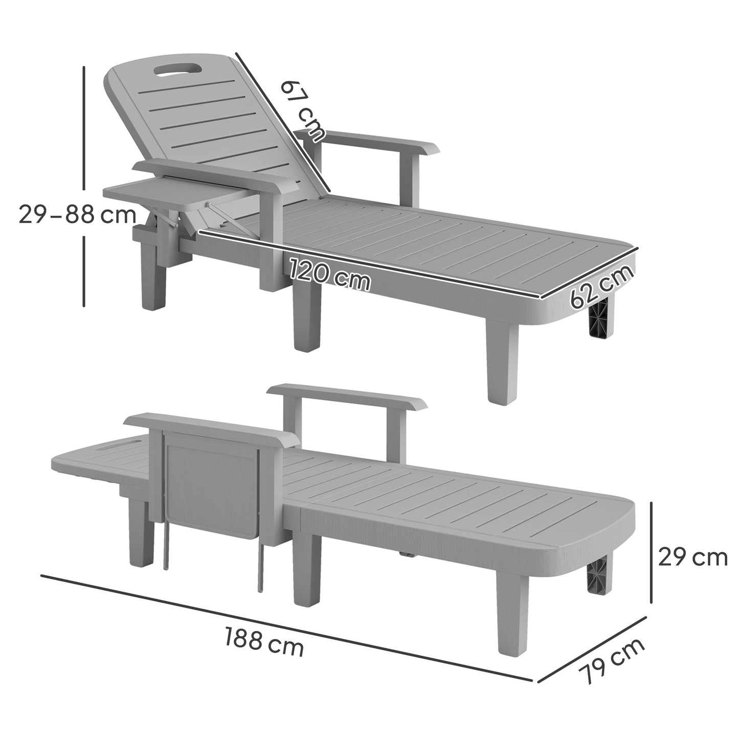 Outsunny Set Of 2 Resin Sun Loungers For Garden 5 Position Adjustable With WoodTexture Foldable Side Table Light Grey