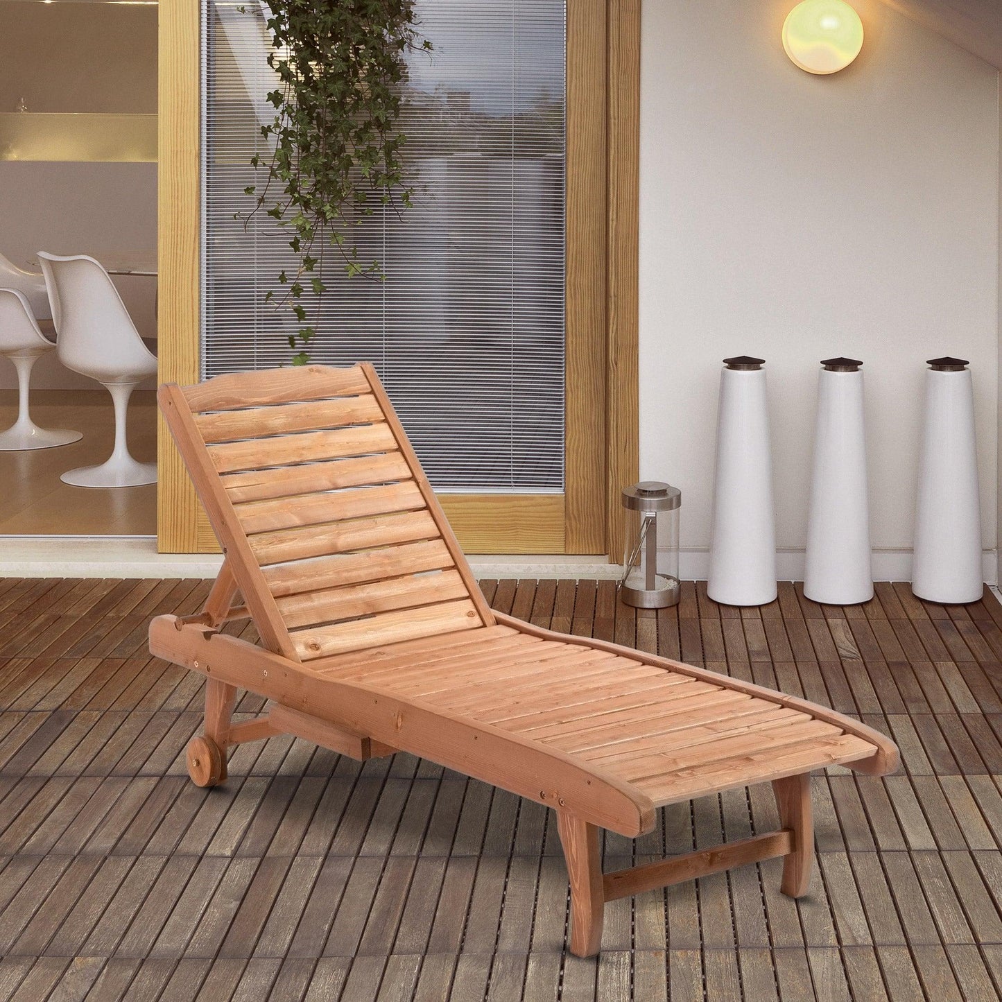 Outsunny Outdoor Wooden Lounger Chair, Sun Bed with Built-In Table, Adjustable Backrest and Wheels, Red Brown - ALL4U RETAILER LTD