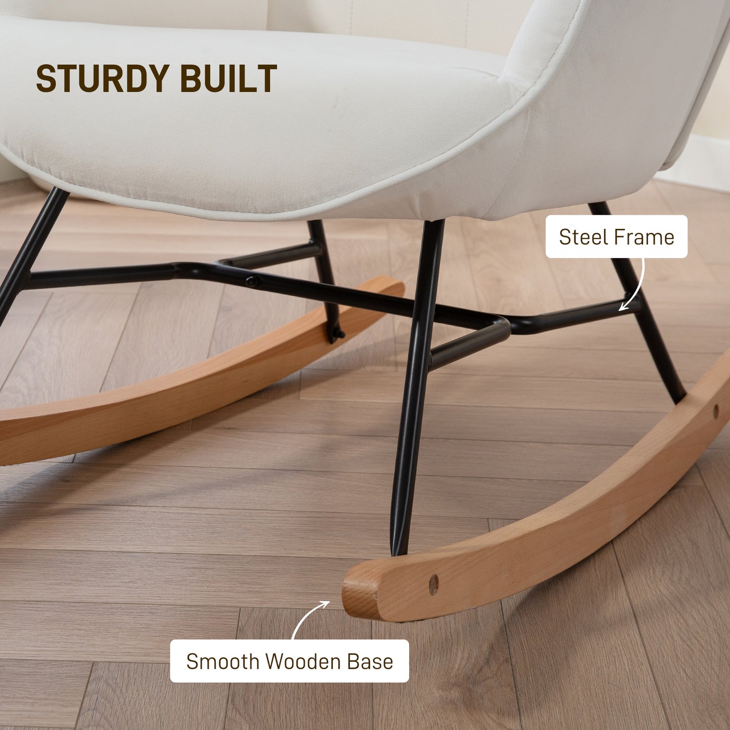 HOMCOM Velvet Rocking Chair Armchair With Solid Wood Legs And Metal Frame Cream Living Room Bedroom