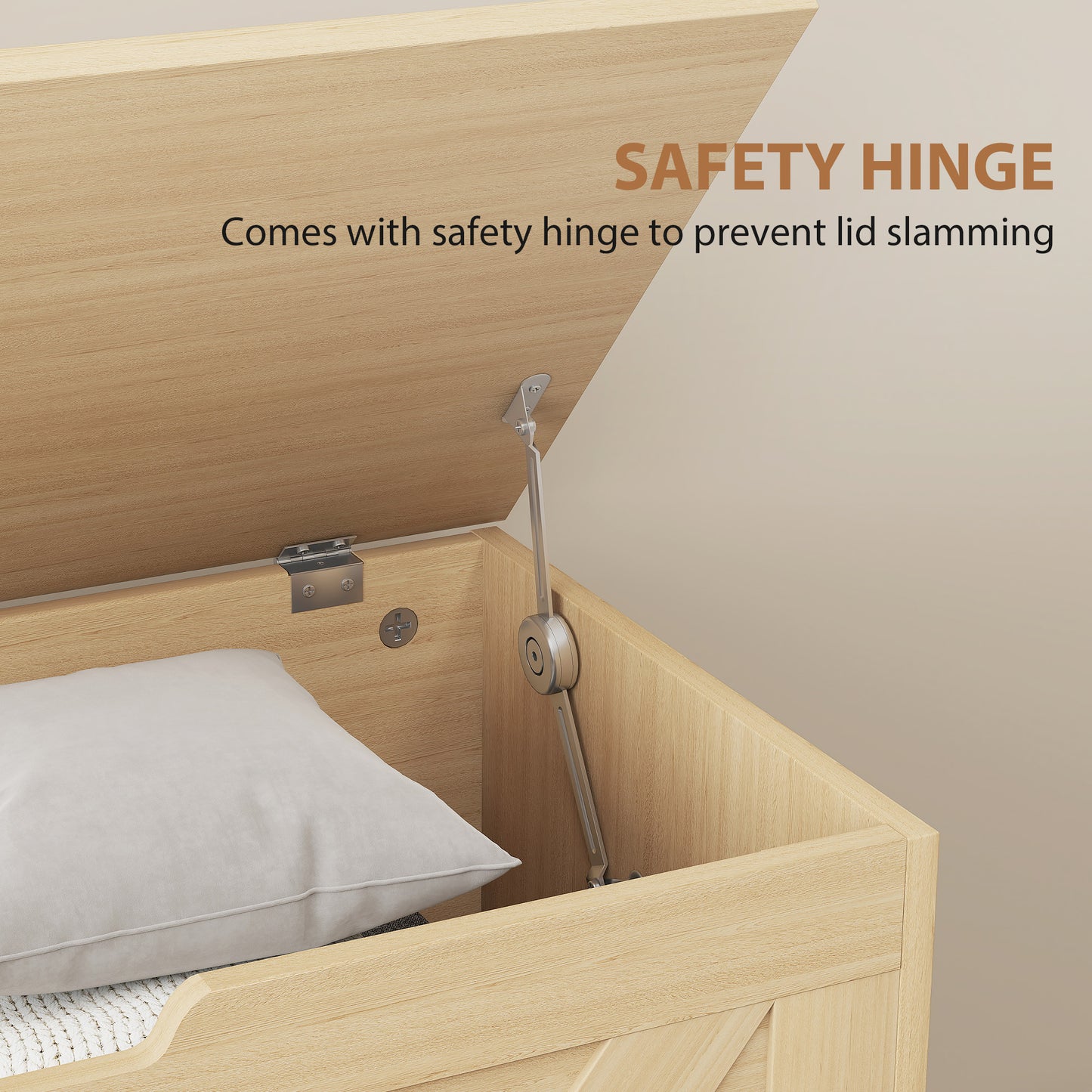 HOMCOM 100L Storage Ottoman Box With Safety Hinges Natural Wood Finish Seat And Storage