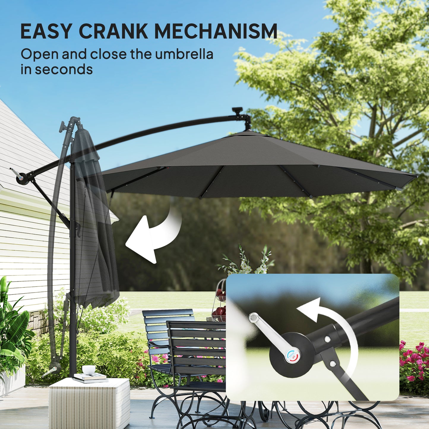 Outsunny 3 Meter Cantilever Parasol With Solar LED Lights Garden Umbrella Cross Base Black