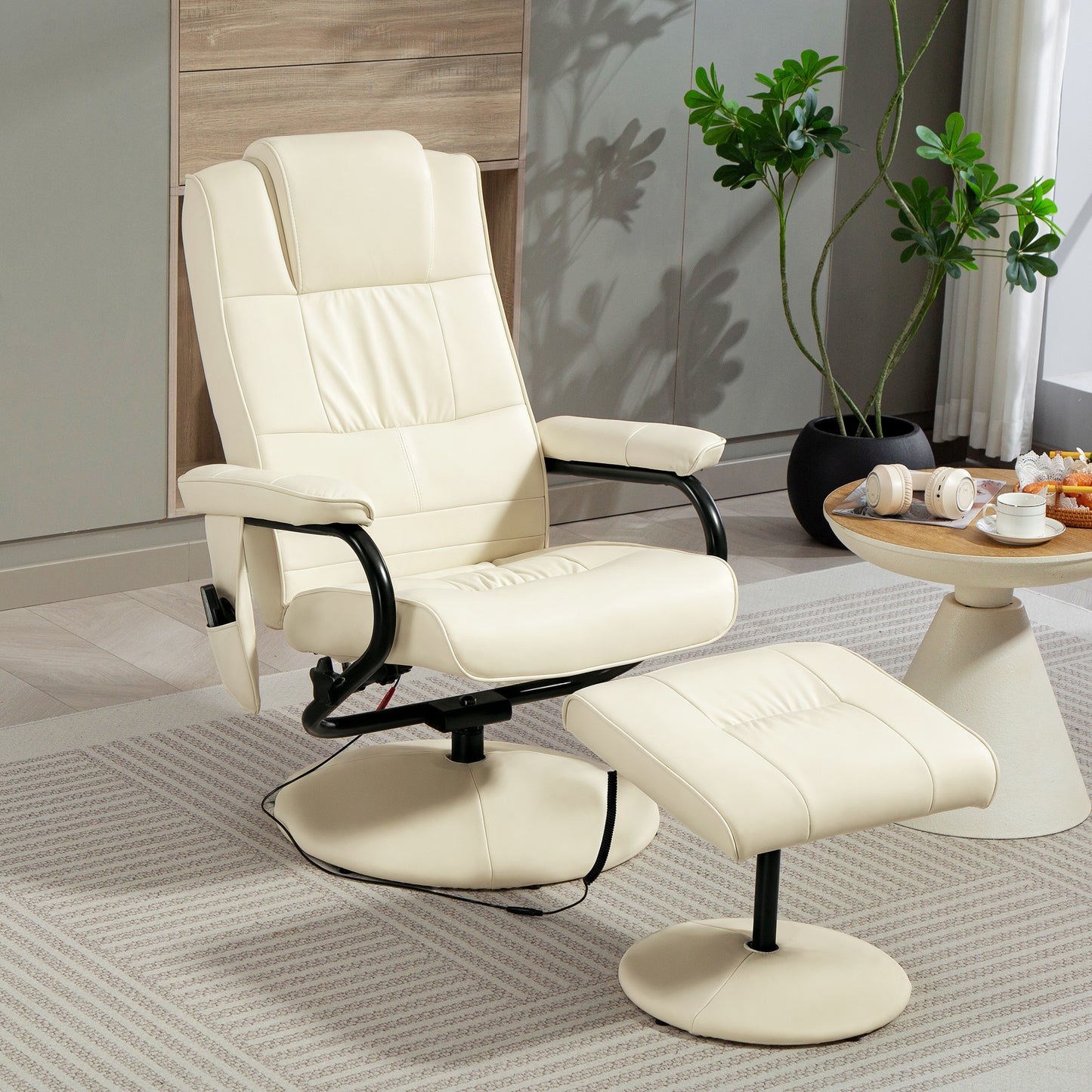 HOMCOM Swivel Recliner Chair and Footstool With Faux Leather Massage Remote Control Round Wrapped Base Cream White