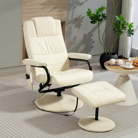 HOMCOM Swivel Recliner Chair and Footstool With Faux Leather Massage Remote Control Round Wrapped Base Cream White