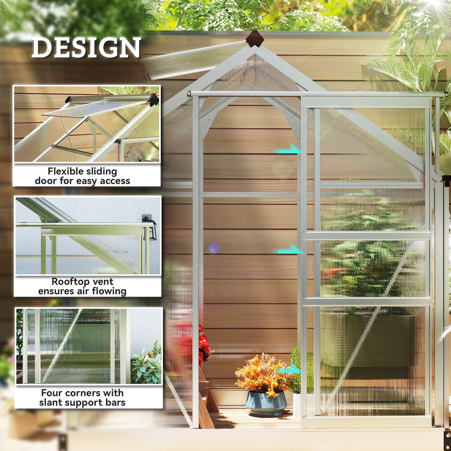 Outsunny Large Polycarbonate Greenhouse Walk In With Slide Door And Window Aluminium Frame 6x4ft Silver Tone