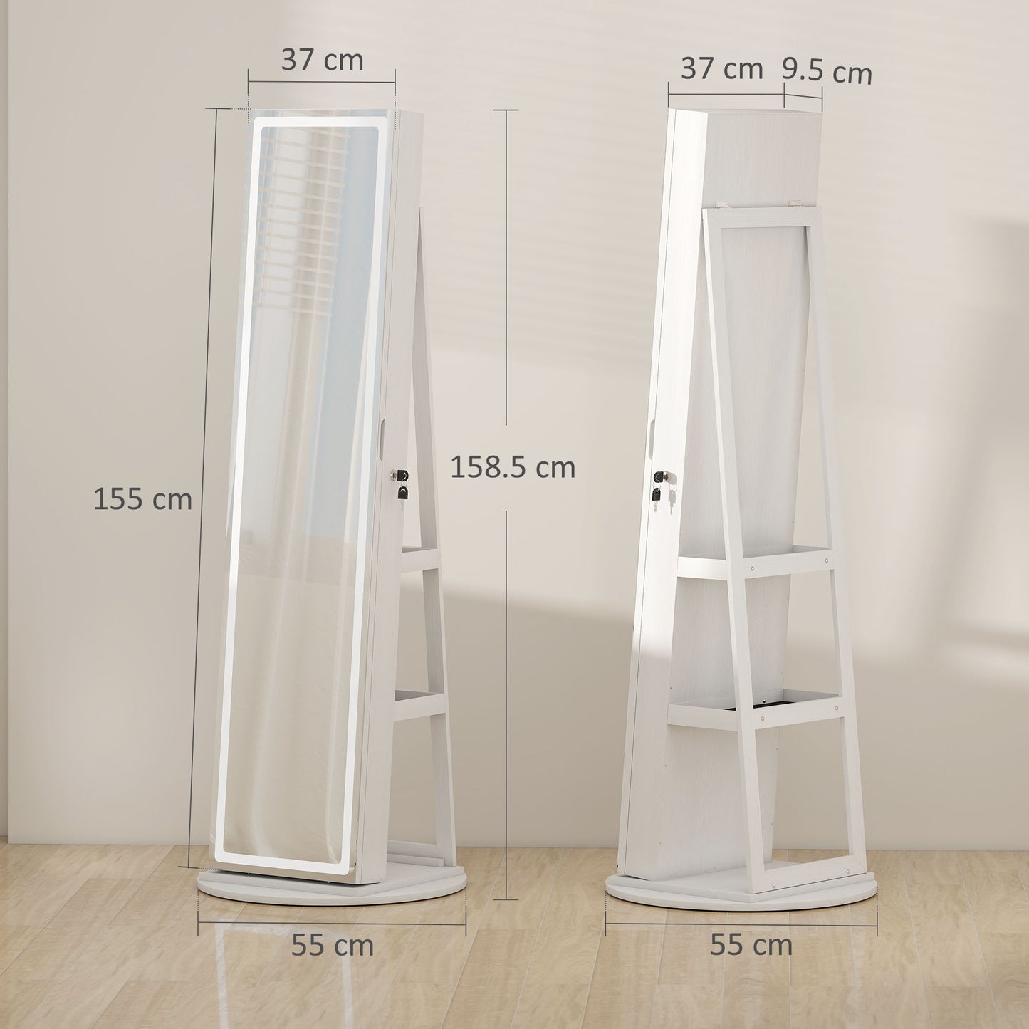 HOMCOM Jewellery Cabinet With Mirror And Lights White Finish 78 Ring Slots 108 Earring Slots 36 Necklace Hooks
