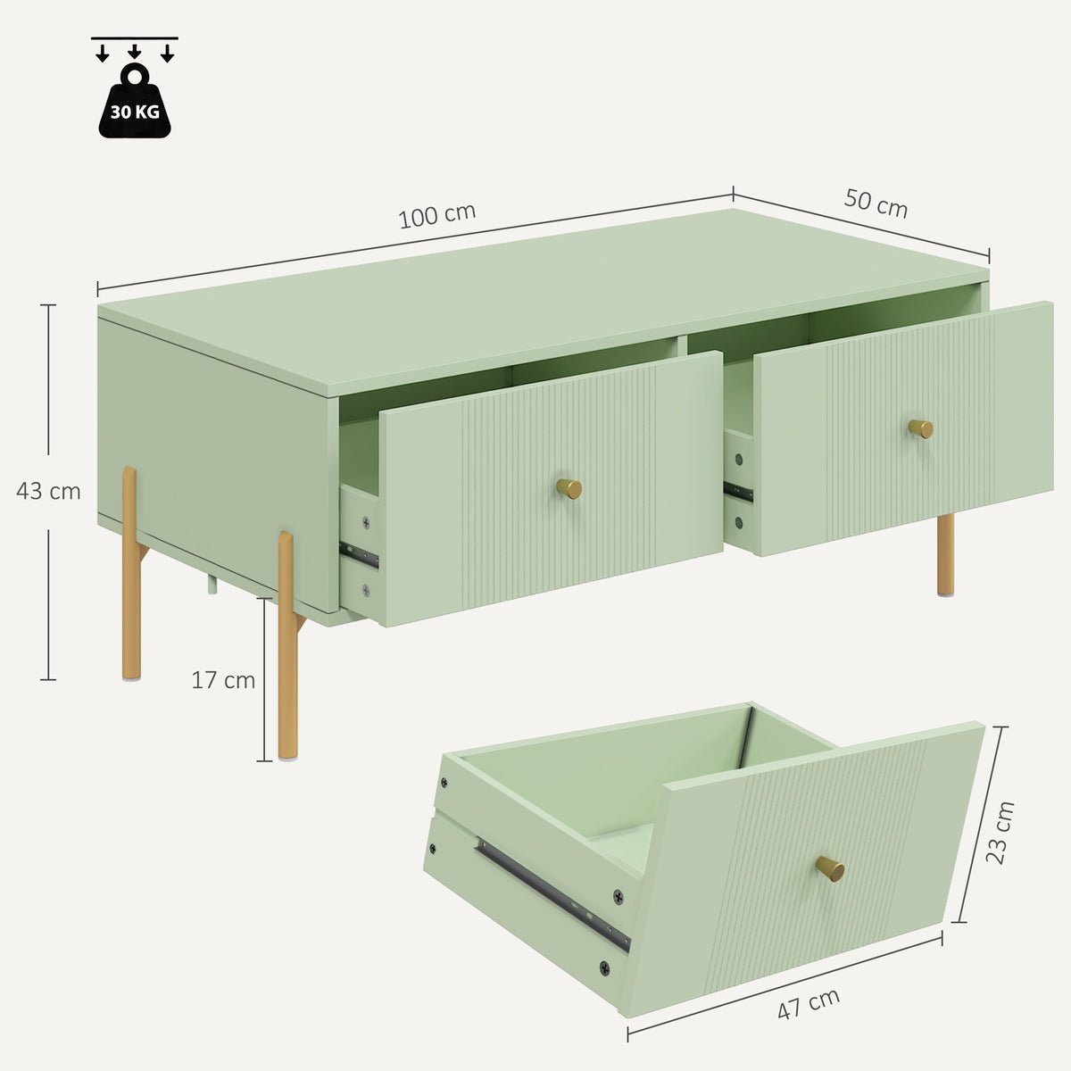 HOMCOM Modern Coffee Table with Storage, 2 Drawers, Light Green Finish