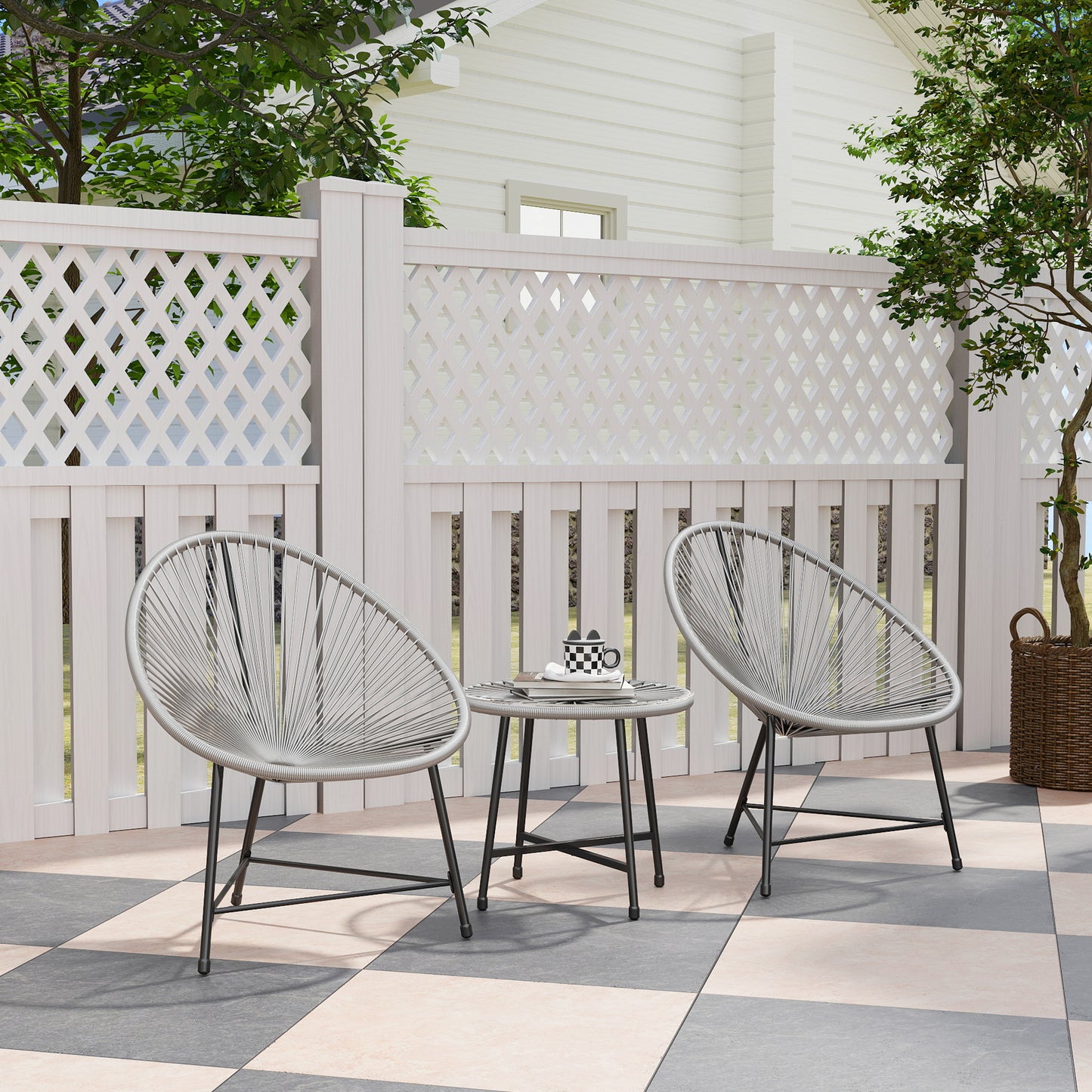 Outsunny 3 Piece Rattan Bistro Set With Acapulco Chairs Glass Top Table Reinforced Metal Frame For Outdoor Patio Grey
