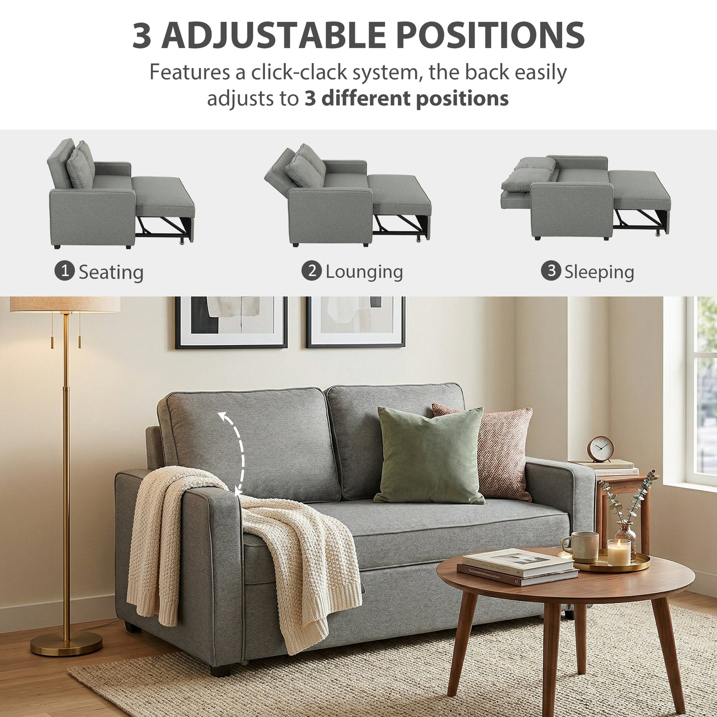 HOMCOM 3 In 1 Click Clack Two Seat Sofa Bed With Adjustable Backrest And Pull Out Bed For Living Room And Bedroom Grey