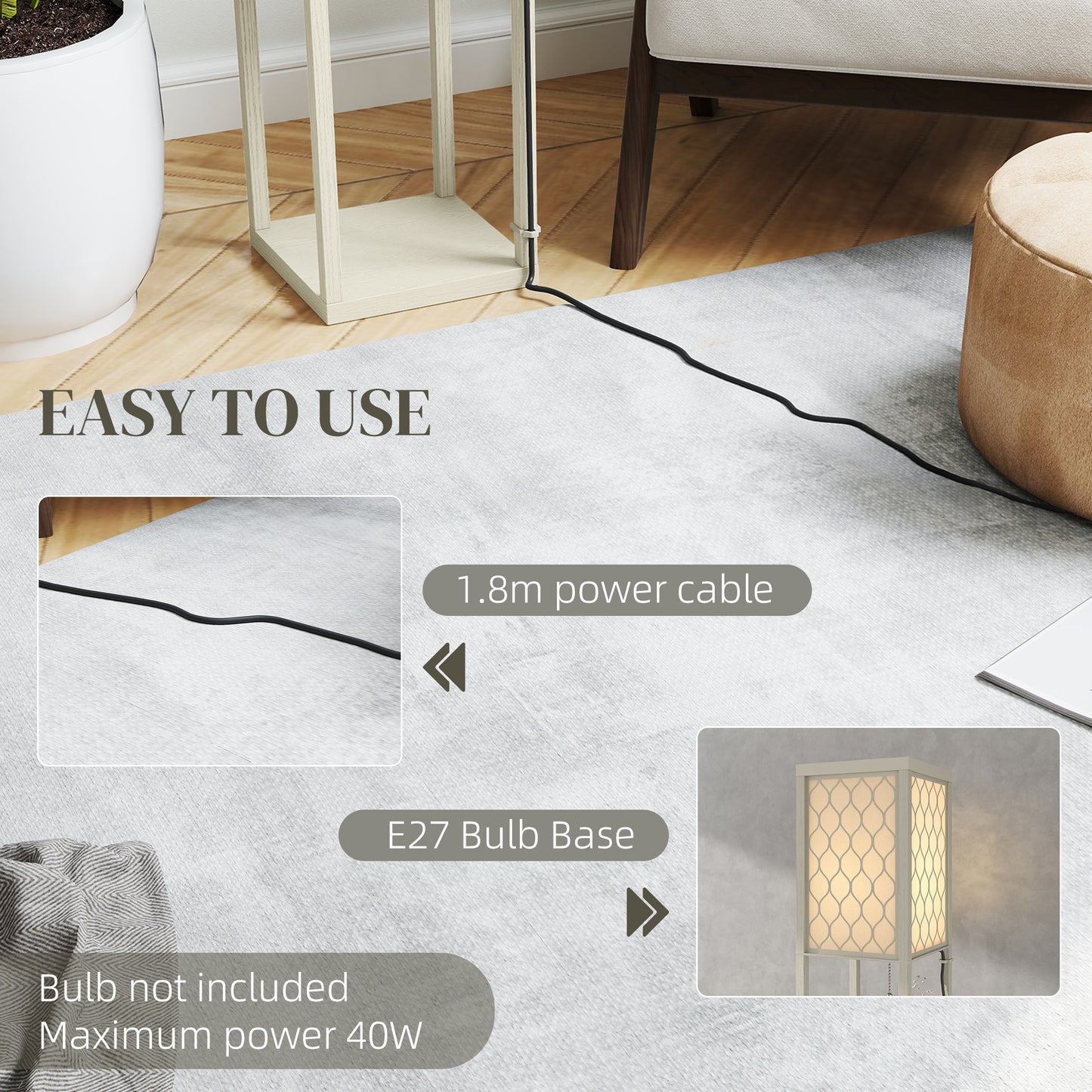 HOMCOM Three Shelf Standing Lamp Oak White With Storage Shelves And Reading Light For Living Room