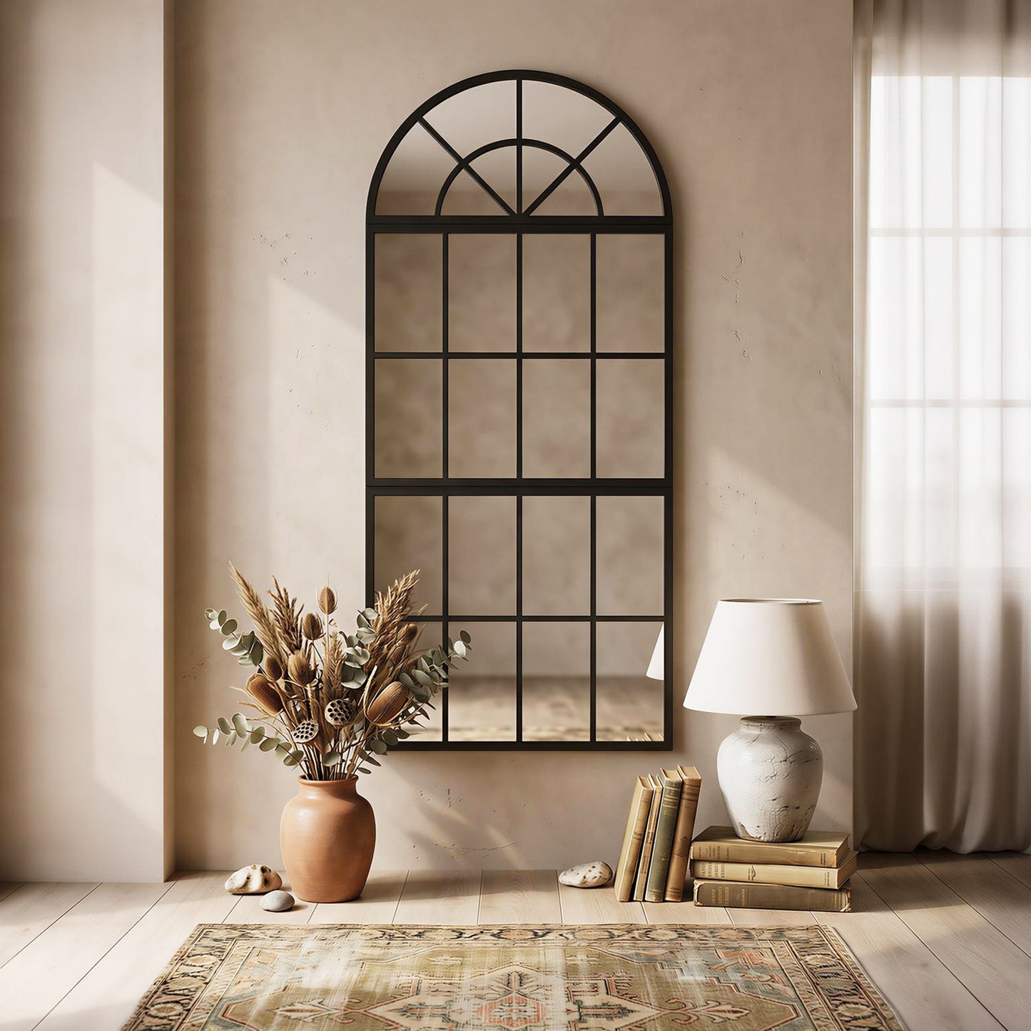 HOMCOM Large Arched Wall Mirror Set With Metal Grid 3 Piece Split Window Mirrors 120 x 54 cm Black