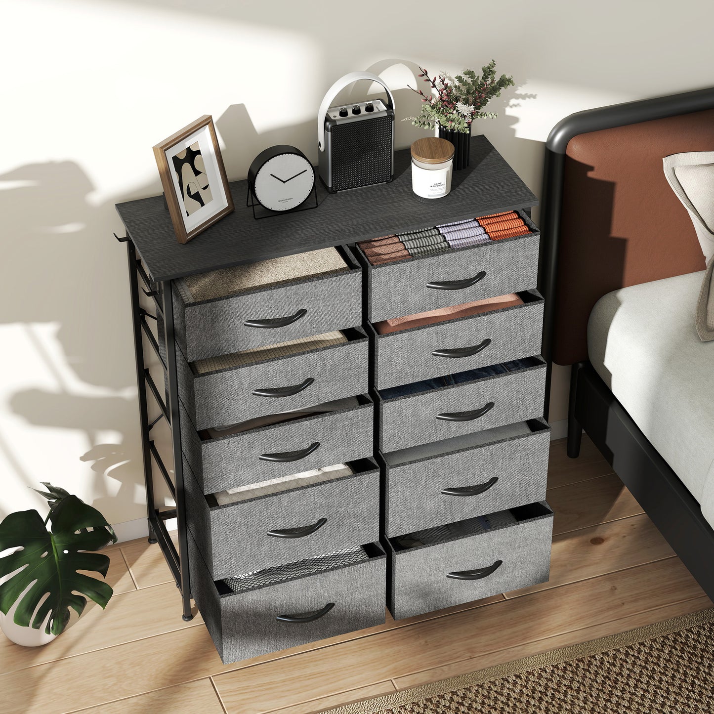 HOMCOM Chest Of Ten Fabric Drawers Charcoal Grey With Six Small And Four Large Drawers Four Side Pockets And Two Hooks