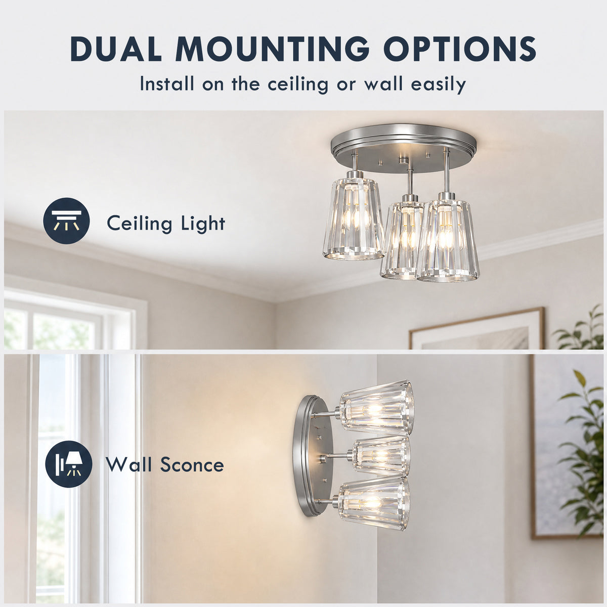 HOMCOM 3 Light Crystal Glass Ceiling Light With 3 E27 Sockets Silver