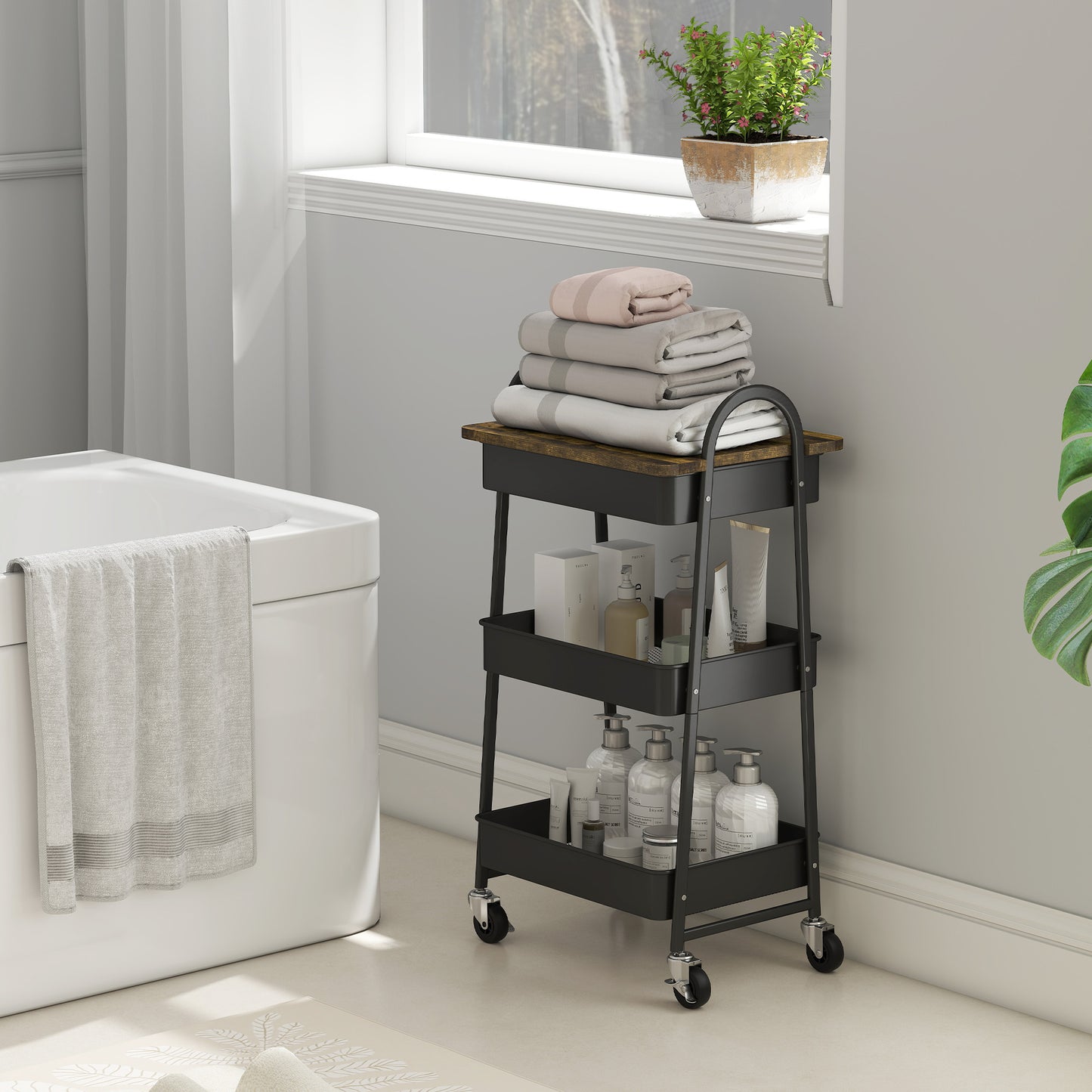 HOMCOM 3 Tier Kitchen Storage Trolley On Wheels With Cover Top Board Rustic Brown And Black