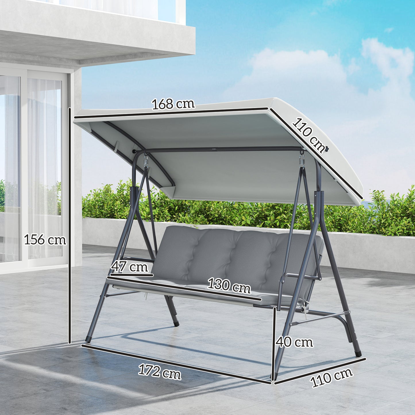 Outsunny Three Seater Garden Swing Seat With Adjustable Canopy And Removable Padded Seat And Back Cushions Light Grey
