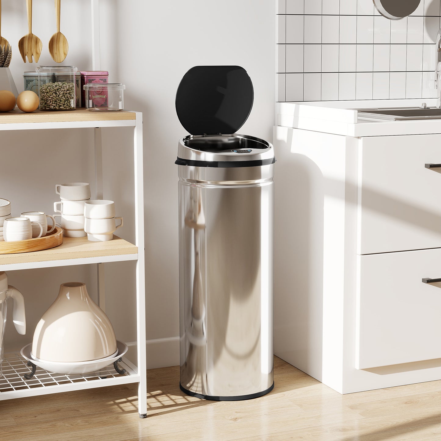 HOMCOM 50L Stainless Steel Trash Bin With Touchless Motion Sensor And Soft Close Lid Removable Inner Bucket