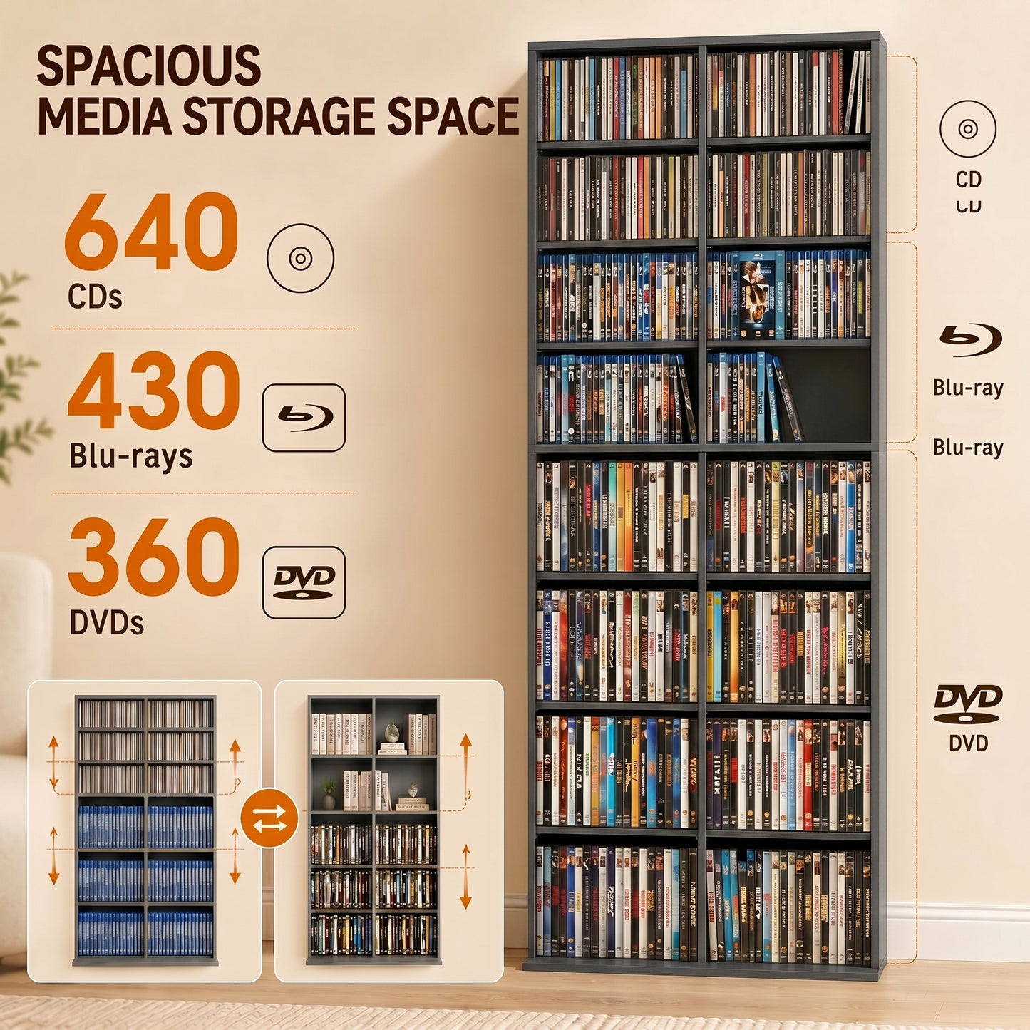 HOMCOM 640 CD Storage Tower Grey With 14 Adjustable Shelves Holds 640 CDs And 360 DVDs Anti Tipping Design
