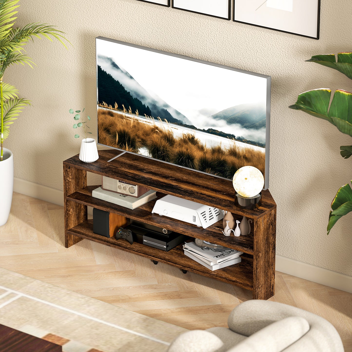 HOMCOM Corner TV Stand With Two Open Shelves For 47 Inch TV Rustic Brown Space Saving Design