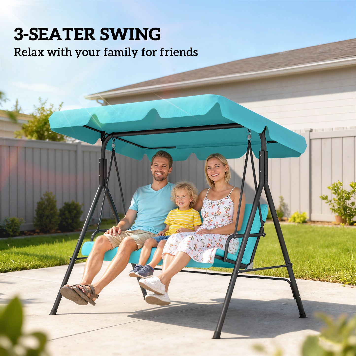 Outsunny Three Seater Garden Swing Chair With Adjustable Canopy Blue Cushioned Seat And High Back