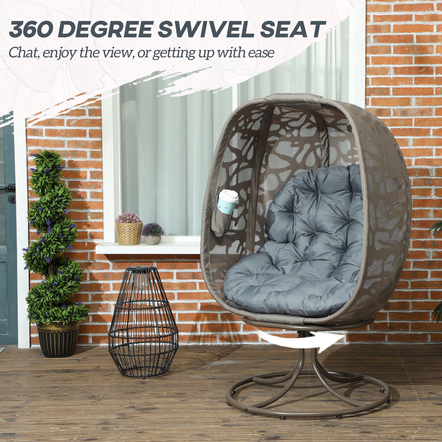 Outsunny Swivel Egg Chair with Cushions Grey Metal Frame Indoor Outdoor Lounge Chair for Patio Balcony Living Room