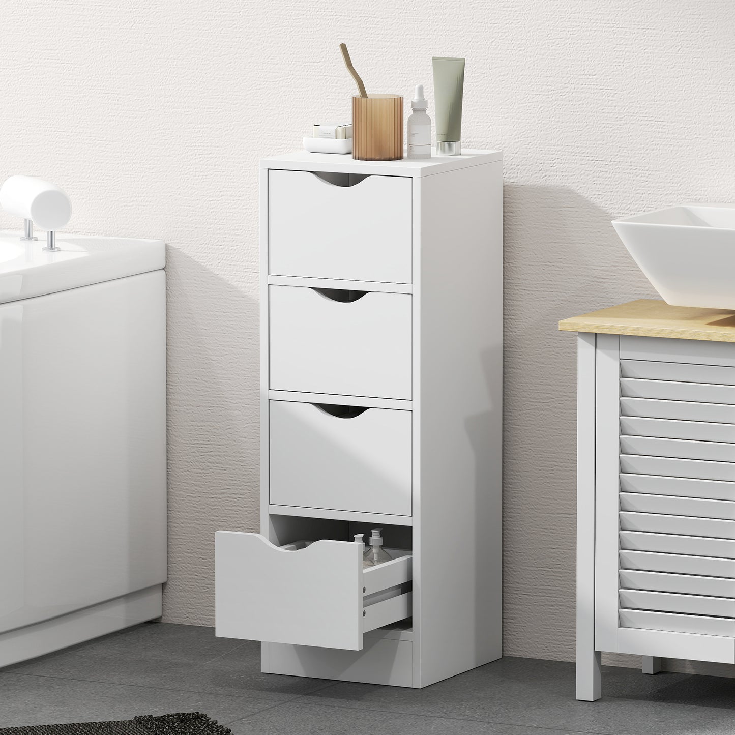 HOMCOM White 4 Drawer Bathroom Cabinet Freestanding Narrow Storage With Groove Handles For Small Spaces Nordic Style