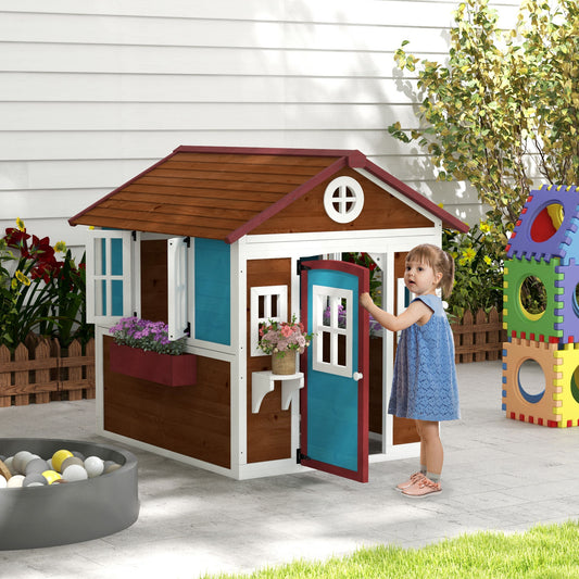 Outsunny Outdoor Wooden Playhouse with Functional Doors & Windows for Ages 3-8 - Charming Dark Brown Design - ALL4U RETAILER LTD