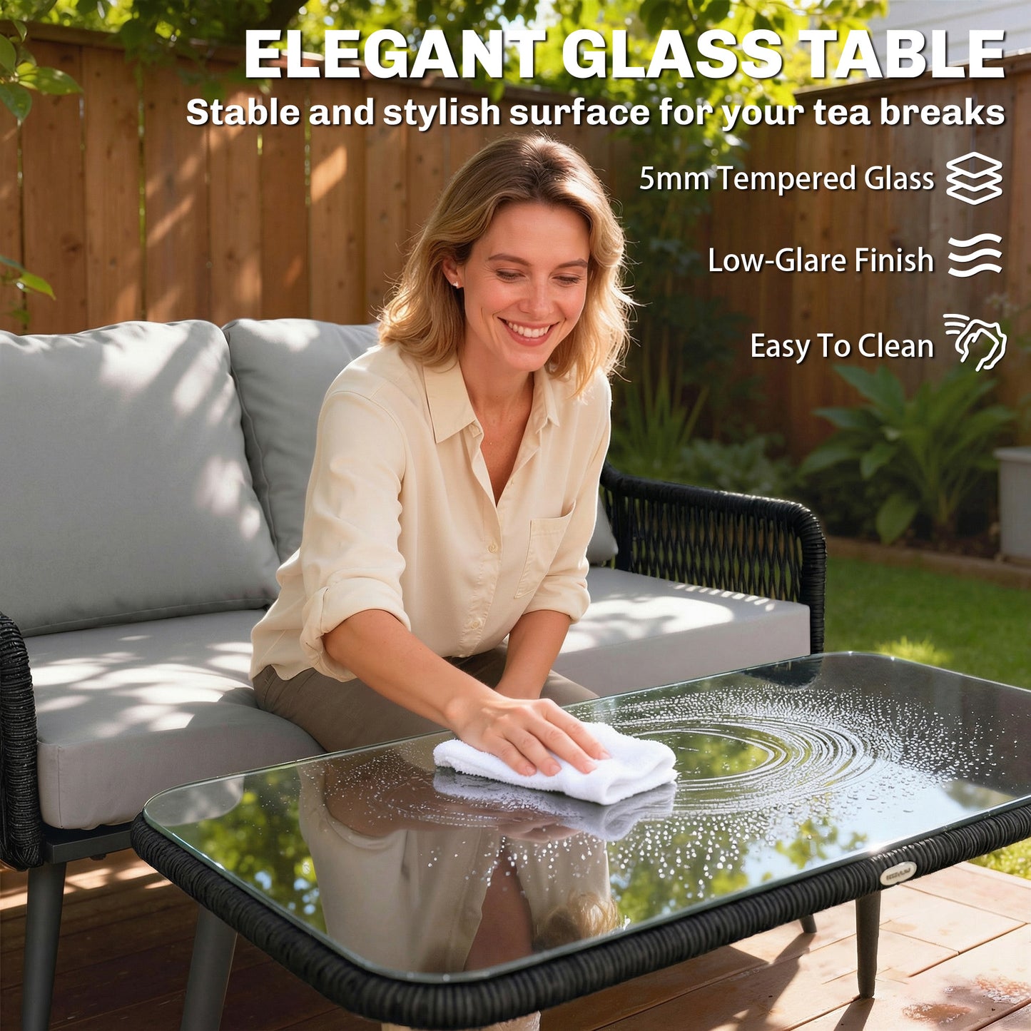 Outsunny Rattan Garden Furniture Set 4 Piece Outdoor Patio Set With Tempered Glass Table And Cushioned Chairs
