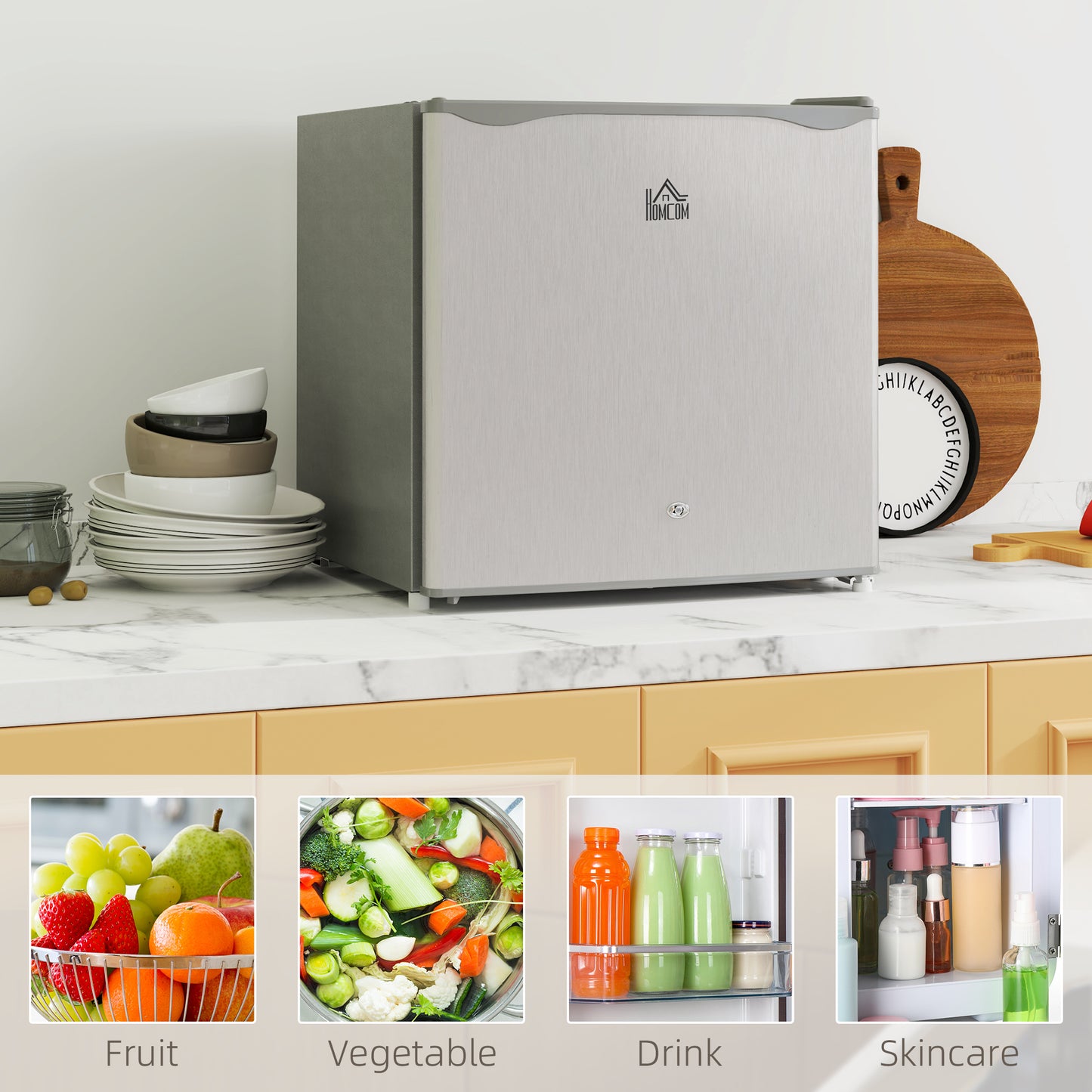 HOMCOM 46 Litre Lockable Countertop Fridge Grey 46L Compact Kitchen Mini Fridge With Lock and Keys