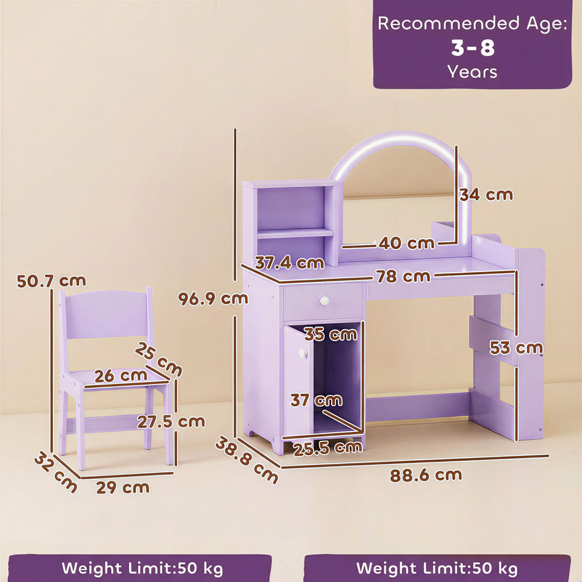 Kids Vanity Table Chair Set Led Mirror Storage Cabinet Purple