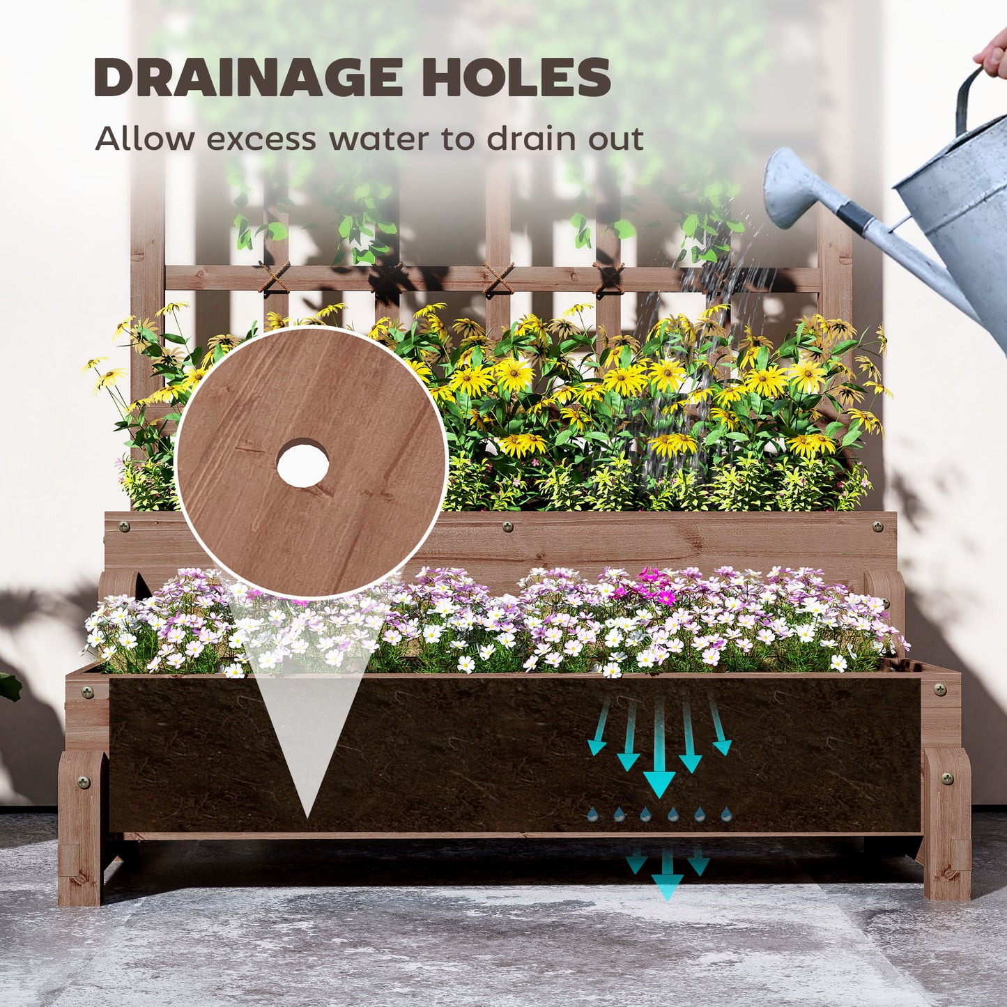 Outsunny 2 Tier Raised Garden Bed With Trellis Wooden Planter Box Drainage Holes For Climbing Plants