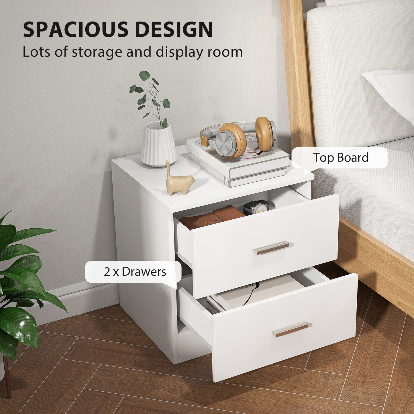 HOMCOM Set of 2 Modern Nightstands With 2 Storage Drawers White Bedside Tables for Bedroom and Living Room