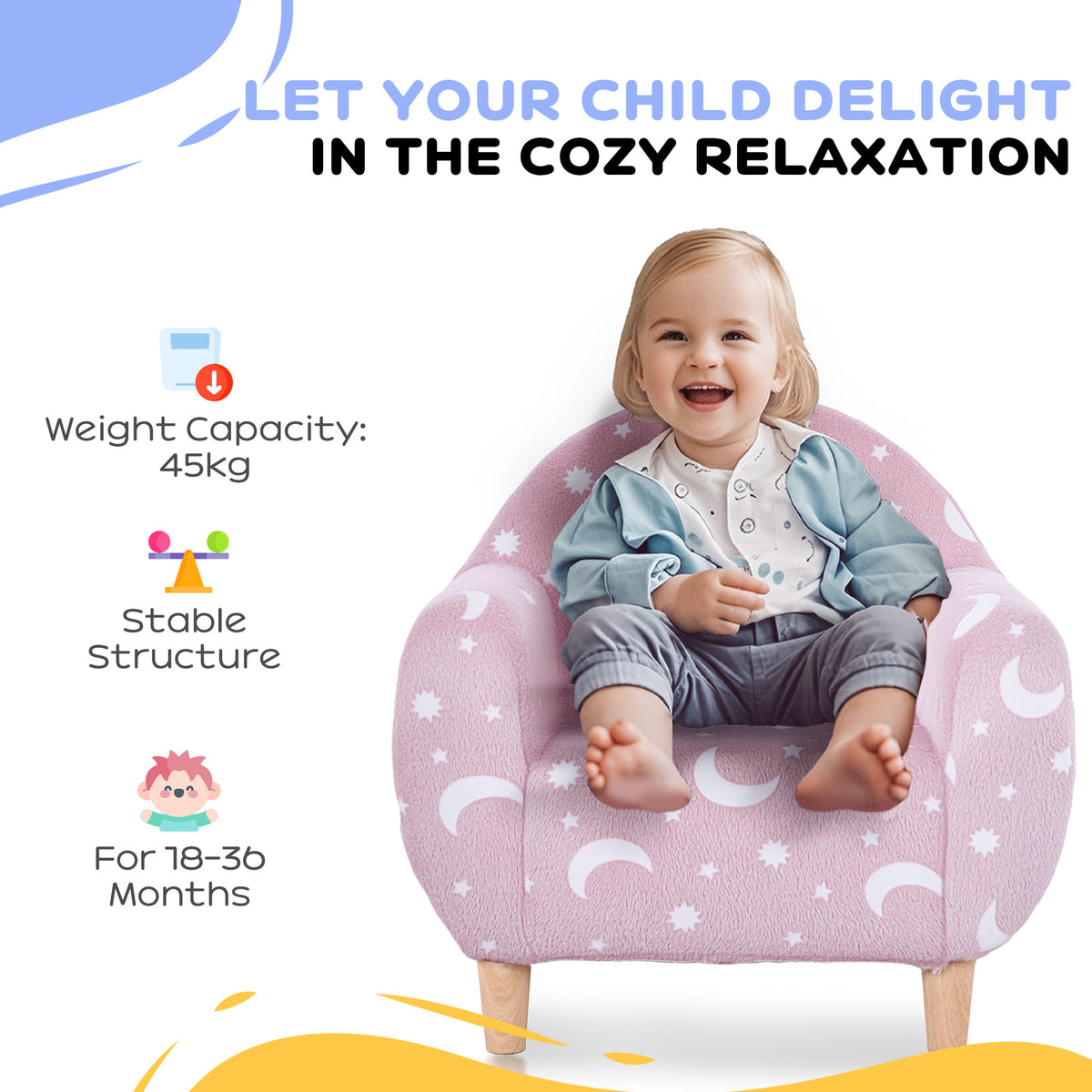 Kids pink armchair with star and moon print, child seated in round plush chair