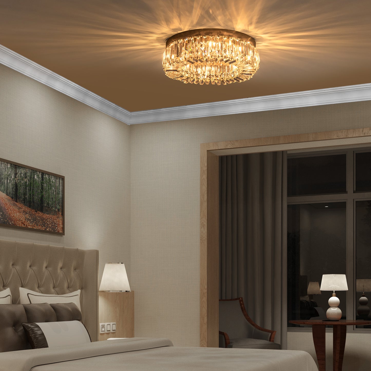 HOMCOM Crystal Ceiling Lights Set 2 Modern Flush Chandeliers Stainless Steel Base Pendant Lights Living Room Dining Room
