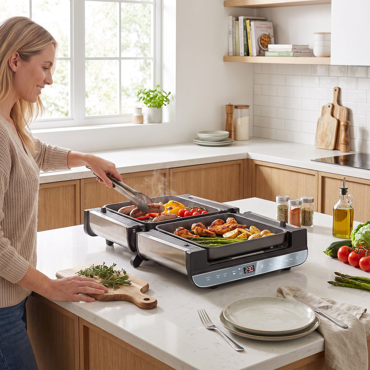 3-in-1 electric countertop oven/grill with open grilling tray and removable rack in use