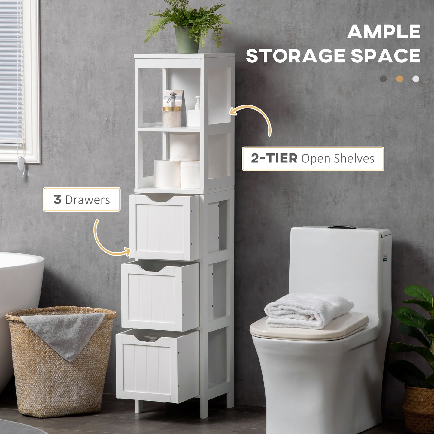 HOMCOM Narrow Floor Cabinet White With 3 Drawers And 2 Open Shelves For Bathroom And Kitchen Use 30W x 30D x 141.6H cm