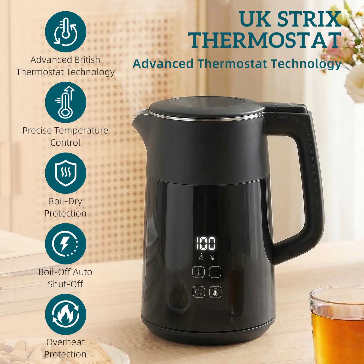HOMCOM Electric Kettle 1.7L 3kW Fast Boil With UK Strix Thermostat LED Display Keep Warm Black