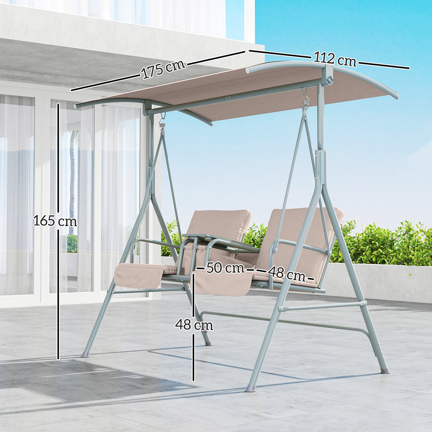 Outsunny 2 Seater Garden Swing Chair Patio Rocking Bench Tilting Canopy Double Padded Seats Storage Bag Tray Beige