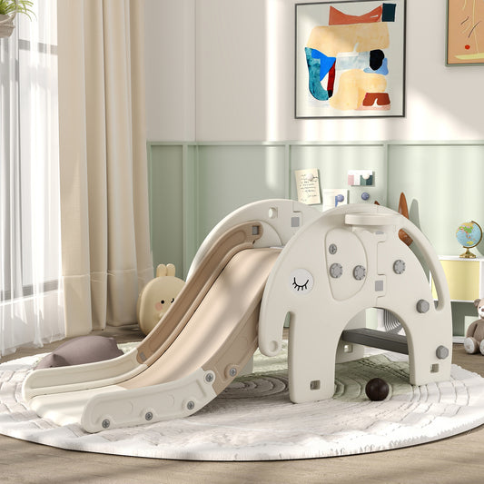 AIYPLAY Elephant-Themed 3-in-1 Toddler Slide with Climber & Basketball Hoop for Ages 1-3 - Cream White - ALL4U RETAILER LTD