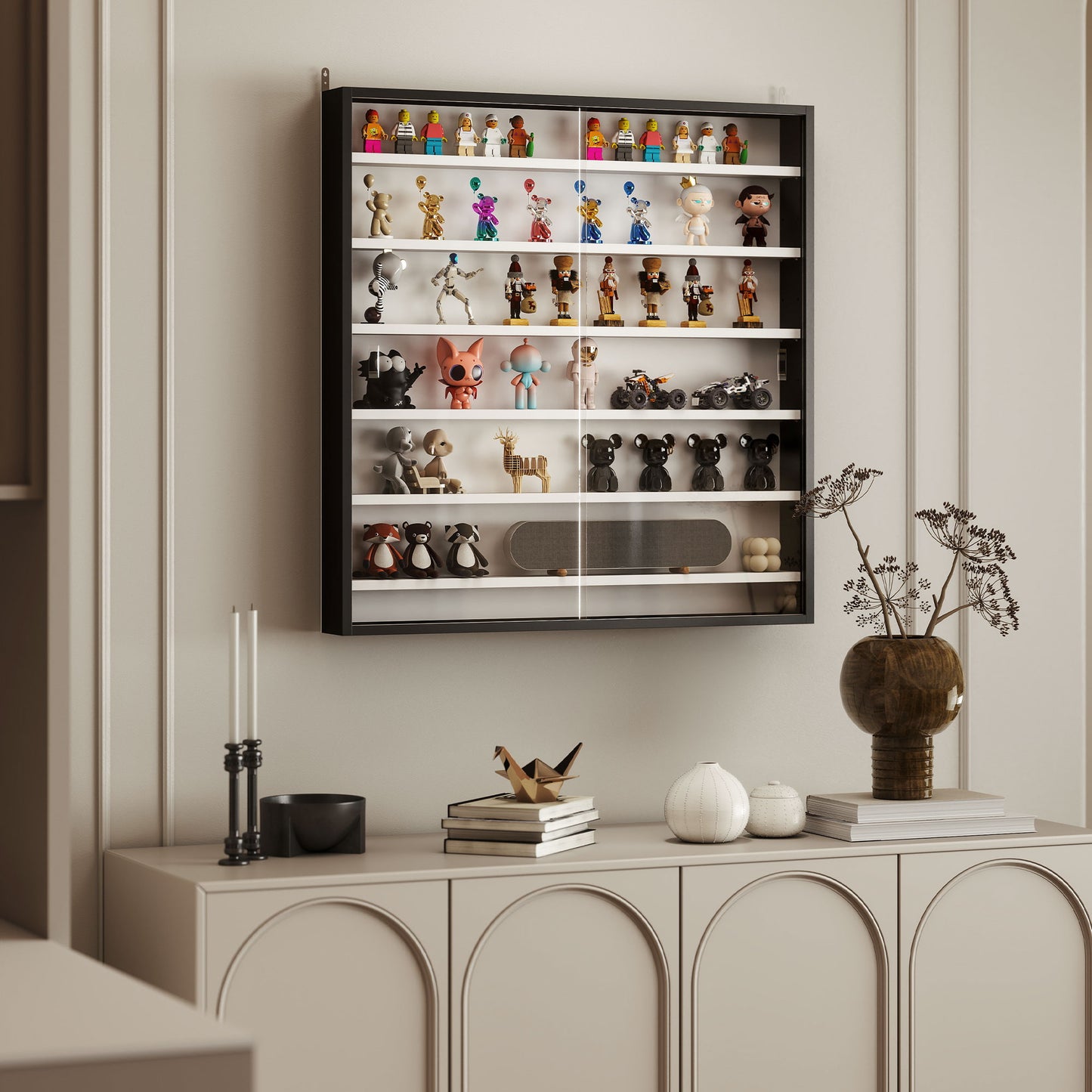 HOMCOM Six Shelf Display Cabinet With Glass Doors Black And White Ideal For Decor And Storage