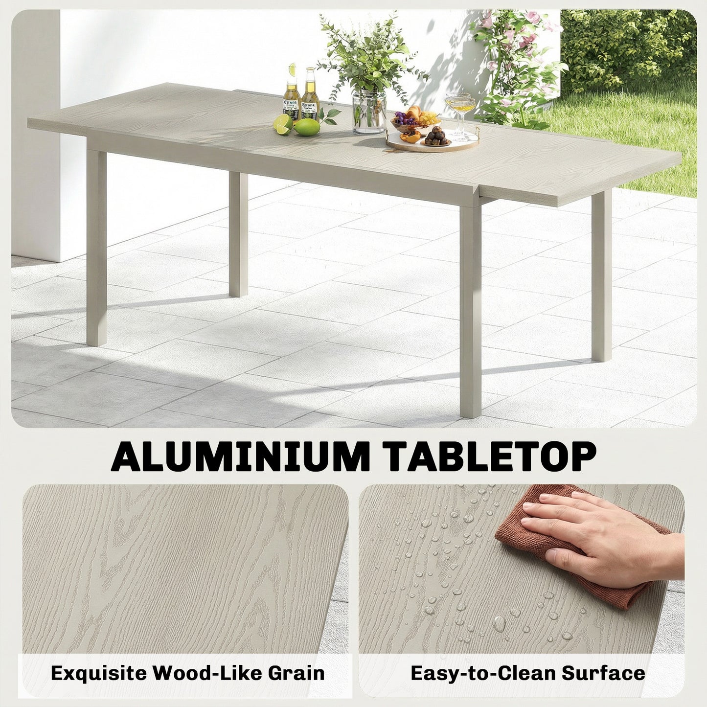 Outsunny Extending Garden Table Aluminium Outdoor Dining For 8 To 10 People With Wood Like Surface Light Grey