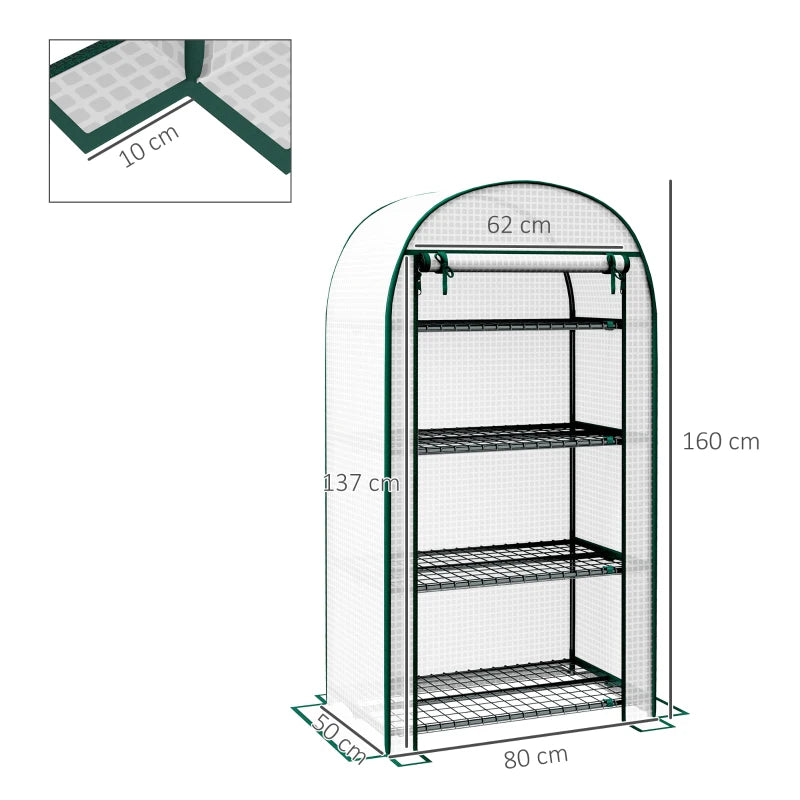 Outsunny 80 x 49 x 160cm Portable Mini Greenhouse for Outdoor Gardening, with Storage Shelf, Roll-Up Zippered Door, Metal Frame, and PE Cover - White | Compact and Convenient Plant Greenhouse