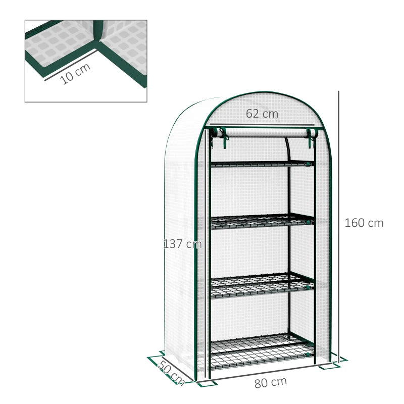 Outsunny 80 x 49 x 160cm Portable Mini Greenhouse for Outdoor Gardening, with Storage Shelf, Roll-Up Zippered Door, Metal Frame, and PE Cover - White | Compact and Convenient Plant Greenhouse - ALL4U RETAILER LTD