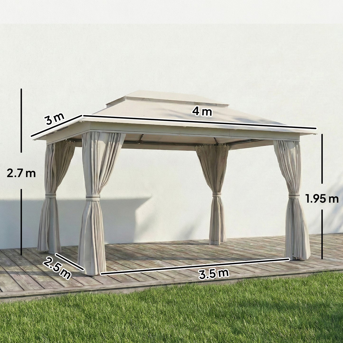 Outsunny 3 x 4 m Outdoor Garden Gazebo Netting Curtains UPF50 Plus Permanent Pavilion Canopy Beige