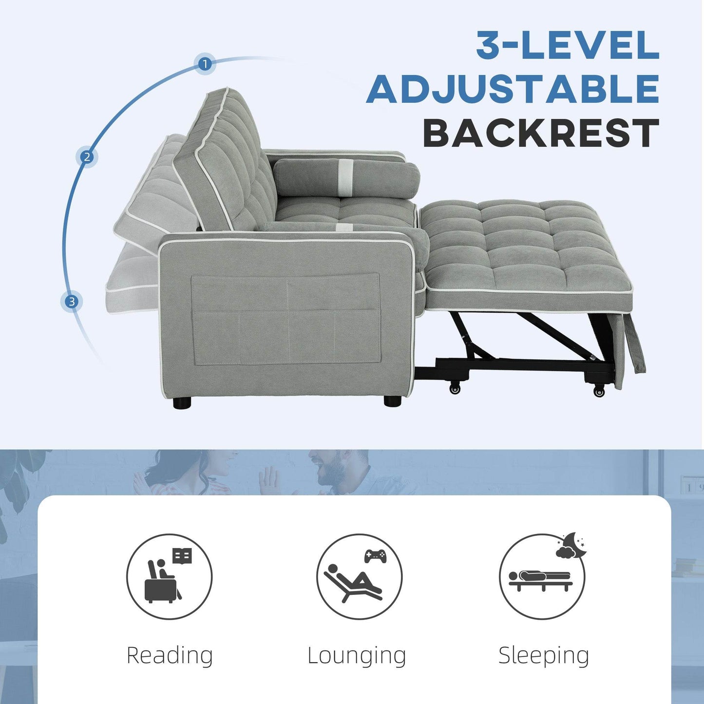 HOMCOM Light Grey Linen-Look Convertible Sofa Bed with Adjustable Backrest - ALL4U RETAILER LTD