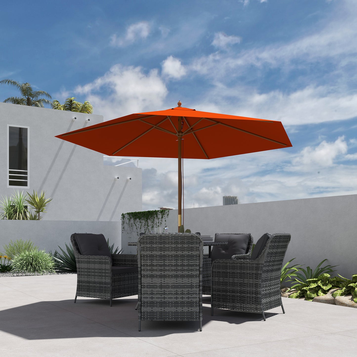 Outsunny 2.5m Wood Garden Parasol Sun Shade Patio Umbrella With Vent And Rope Pulley Mechanism 38mm Pole Orange